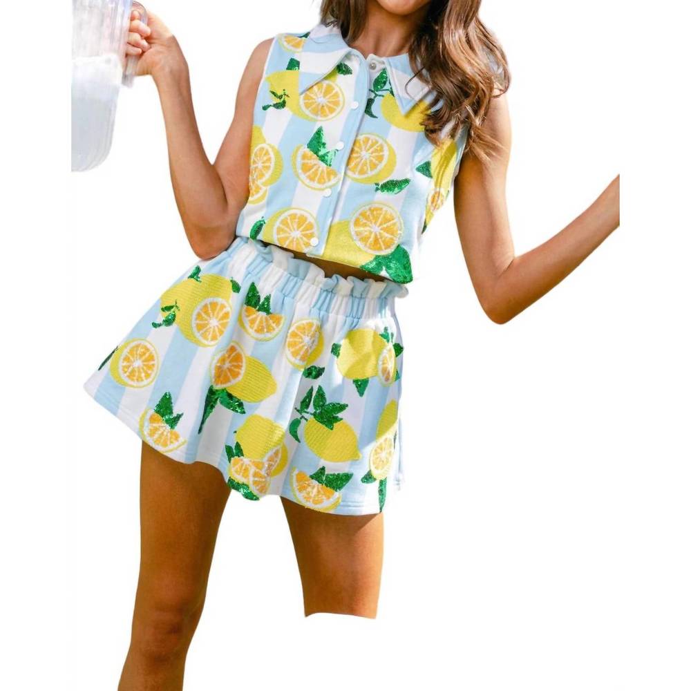 QUEEN OF SPARKLES skort in white/blue stripes w/yellow lemon sequins